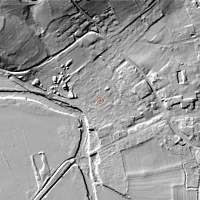 Shaded relief map of the ground around BH211WS, computed from Environment Agency LiDAR. The ground here sits at about 20 m above sea level and falls 25 m across the surrounding 800 m. Surface water reaching this point runs off ground lying to the north-north-east, 1.9 m higher.