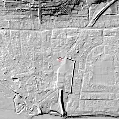 Shaded relief map of the ground around BH211WW, computed from Environment Agency LiDAR. The ground here sits at about 19 m above sea level and falls 17 m across the surrounding 800 m. Surface water reaching this point runs off ground lying to the south-west, 2.1 m higher.