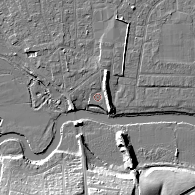 Shaded relief map of the ground around BH211XA, computed from Environment Agency LiDAR. The ground here sits at about 18 m above sea level and falls 15 m across the surrounding 800 m. Surface water reaching this point runs off ground lying to the east-north-east, 5.3 m higher.