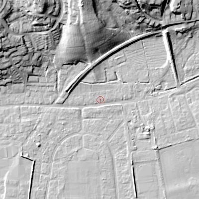Shaded relief map of the ground around BH212AD, computed from Environment Agency LiDAR. The ground here sits at about 18 m above sea level and falls 28 m across the surrounding 800 m. Surface water reaching this point runs off ground lying to the north-north-west, 27.5 m higher.