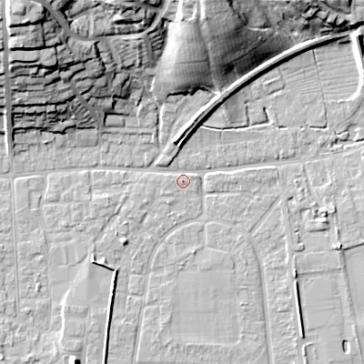 Shaded relief map of the ground around BH212AF, computed from Environment Agency LiDAR. The ground here sits at about 18 m above sea level and falls 30 m across the surrounding 800 m. Surface water reaching this point runs off ground lying to the north-west, 29.5 m higher.