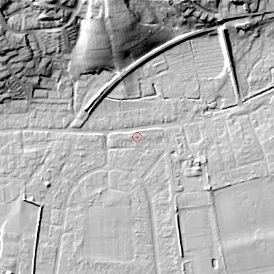 Shaded relief map of the ground around BH212AG, computed from Environment Agency LiDAR. The ground here sits at about 18 m above sea level and falls 25 m across the surrounding 800 m. Surface water reaching this point runs off ground lying to the south-east, 2.9 m higher.