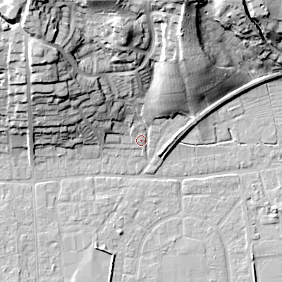 Shaded relief map of the ground around BH212AL, computed from Environment Agency LiDAR. The ground here sits at about 20 m above sea level and falls 35 m across the surrounding 800 m. Surface water reaching this point runs off ground lying to the north-west, 32.6 m higher.