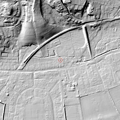 Shaded relief map of the ground around BH212AN, computed from Environment Agency LiDAR. The ground here sits at about 18 m above sea level and falls 29 m across the surrounding 800 m. Surface water reaching this point runs off ground lying to the west, 6.1 m higher.