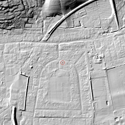 Shaded relief map of the ground around BH212AP, computed from Environment Agency LiDAR. The ground here sits at about 18 m above sea level and falls 25 m across the surrounding 800 m. Surface water reaching this point runs off ground lying to the south-west, 1.0 m higher.