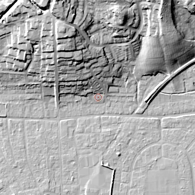 Shaded relief map of the ground around BH212AQ, computed from Environment Agency LiDAR. The ground here sits at about 19 m above sea level and falls 34 m across the surrounding 800 m. Surface water reaching this point runs off ground lying to the north-north-west, 11.5 m higher.