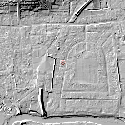 Shaded relief map of the ground around BH212AR, computed from Environment Agency LiDAR. The ground here sits at about 18 m above sea level and falls 14 m across the surrounding 800 m. Surface water reaching this point runs off ground lying to the west, 3.4 m higher.