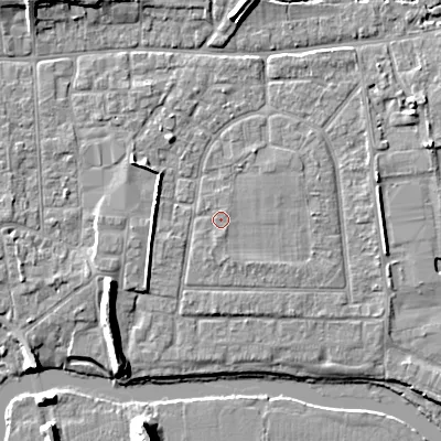 Shaded relief map of the ground around BH212AS, computed from Environment Agency LiDAR. The ground here sits at about 19 m above sea level and falls 10 m across the surrounding 800 m. Surface water reaching this point runs off ground lying to the south-south-west, 0.8 m higher.