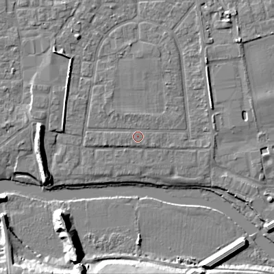 Shaded relief map of the ground around BH212AT, computed from Environment Agency LiDAR. The ground here sits at about 19 m above sea level and falls 12 m across the surrounding 800 m. Surface water reaching this point runs off ground lying to the north-west, 0.8 m higher.