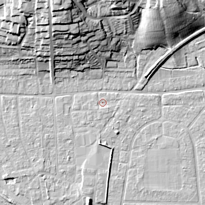 Shaded relief map of the ground around BH212AW, computed from Environment Agency LiDAR. The ground here sits at about 18 m above sea level and falls 31 m across the surrounding 800 m. Surface water reaching this point runs off ground lying to the south, 1.3 m higher.
