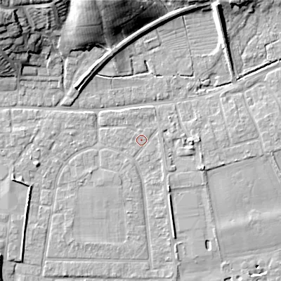 Shaded relief map of the ground around BH212AX, computed from Environment Agency LiDAR. The ground here sits at about 18 m above sea level and falls 21 m across the surrounding 800 m. Surface water reaching this point runs off ground lying to the south-south-east, 1.1 m higher.
