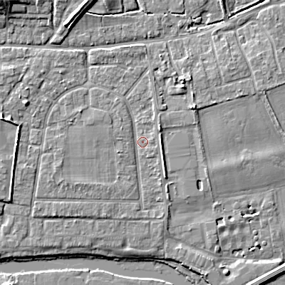 Shaded relief map of the ground around BH212AY, computed from Environment Agency LiDAR. The ground here sits at about 18 m above sea level and falls 9 m across the surrounding 800 m. Surface water reaching this point runs off ground lying to the west-south-west, 1.8 m higher.