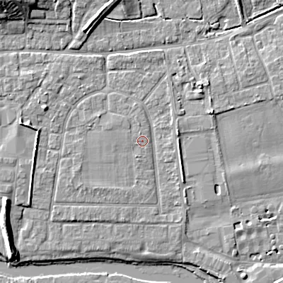 Shaded relief map of the ground around BH212AZ, computed from Environment Agency LiDAR. The ground here sits at about 18 m above sea level and falls 12 m across the surrounding 800 m. Surface water reaching this point runs off ground lying to the south-south-west, 0.5 m higher.