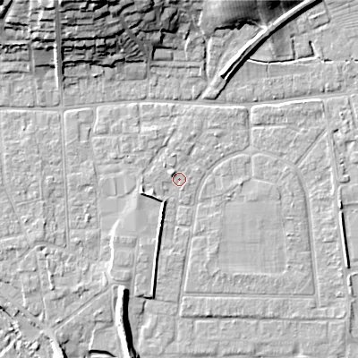 Shaded relief map of the ground around BH212BA, computed from Environment Agency LiDAR. The ground here sits at about 18 m above sea level and falls 22 m across the surrounding 800 m. Surface water reaching this point runs off ground lying to the north-west, 1.7 m higher.