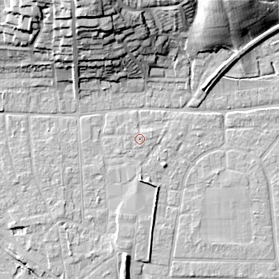 Shaded relief map of the ground around BH212BB, computed from Environment Agency LiDAR. The ground here sits at about 19 m above sea level and falls 29 m across the surrounding 800 m. Surface water reaching this point runs off ground lying to the south-west, 0.7 m higher.