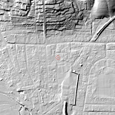 Shaded relief map of the ground around BH212BD, computed from Environment Agency LiDAR. The ground here sits at about 19 m above sea level and falls 27 m across the surrounding 800 m. Surface water reaching this point runs off ground lying to the south-east, 2.8 m higher.