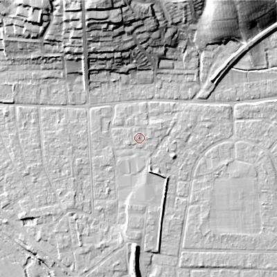 Shaded relief map of the ground around BH212BE, computed from Environment Agency LiDAR. The ground here sits at about 19 m above sea level and falls 27 m across the surrounding 800 m. Surface water reaching this point runs off ground lying to the south-west, 0.7 m higher.
