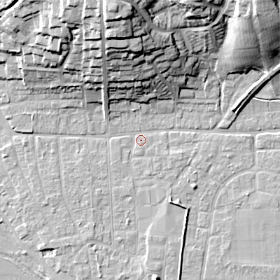 Shaded relief map of the ground around BH212BG, computed from Environment Agency LiDAR. The ground here sits at about 18 m above sea level and falls 30 m across the surrounding 800 m. Surface water reaching this point runs off ground lying to the north, 28.5 m higher.