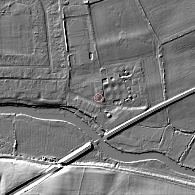 Shaded relief map of the ground around BH212BH, computed from Environment Agency LiDAR. The ground here sits at about 18 m above sea level and falls 16 m across the surrounding 800 m. Surface water reaching this point runs off ground lying to the west-north-west, 1.3 m higher.