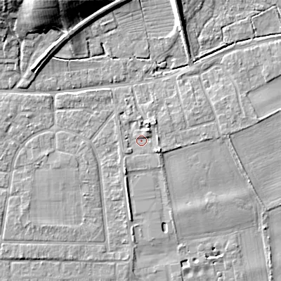 Shaded relief map of the ground around BH212BJ, computed from Environment Agency LiDAR. The ground here sits at about 18 m above sea level and falls 16 m across the surrounding 800 m. Surface water reaching this point runs off ground lying to the east-south-east, 2.2 m higher.