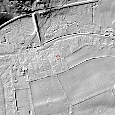 Shaded relief map of the ground around BH212BL, computed from Environment Agency LiDAR. The ground here sits at about 18 m above sea level and falls 21 m across the surrounding 800 m. Surface water reaching this point runs off ground lying to the south, 1.1 m higher.