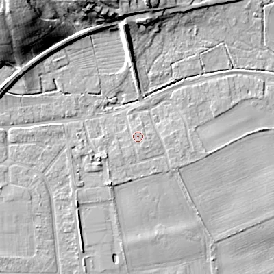 Shaded relief map of the ground around BH212BN, computed from Environment Agency LiDAR. The ground here sits at about 19 m above sea level and falls 23 m across the surrounding 800 m. Surface water reaching this point runs off ground lying to the south-south-east, 1.0 m higher.