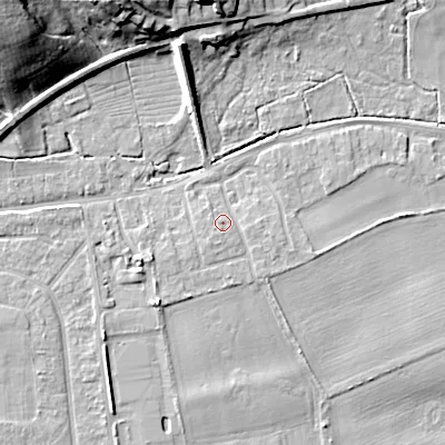 Shaded relief map of the ground around BH212BP, computed from Environment Agency LiDAR. The ground here sits at about 18 m above sea level and falls 24 m across the surrounding 800 m. Surface water reaching this point runs off ground lying to the south-south-west, 1.5 m higher.