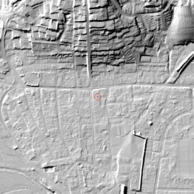 Shaded relief map of the ground around BH212BQ, computed from Environment Agency LiDAR. The ground here sits at about 19 m above sea level and falls 31 m across the surrounding 800 m. Surface water reaching this point runs off ground lying to the south, 0.5 m higher.