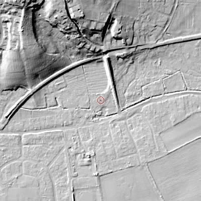Shaded relief map of the ground around BH212BU, computed from Environment Agency LiDAR. The ground here sits at about 18 m above sea level and falls 34 m across the surrounding 800 m. Surface water reaching this point runs off ground lying to the north-west, 34.0 m higher.