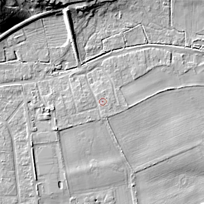 Shaded relief map of the ground around BH212BW, computed from Environment Agency LiDAR. The ground here sits at about 18 m above sea level and falls 20 m across the surrounding 800 m. Surface water reaching this point runs off ground lying to the west, 1.0 m higher.