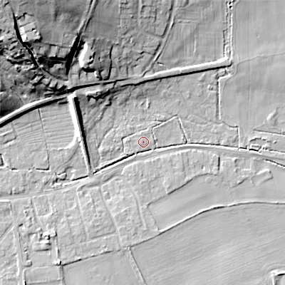 Shaded relief map of the ground around BH212BX, computed from Environment Agency LiDAR. The ground here sits at about 18 m above sea level and falls 33 m across the surrounding 800 m. Surface water reaching this point runs off ground lying to the south-west, 1.4 m higher.