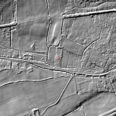 Shaded relief map of the ground around BH212BY, computed from Environment Agency LiDAR. The ground here sits at about 17 m above sea level and falls 9 m across the surrounding 800 m. Surface water reaching this point runs off ground lying to the north-west, 5.6 m higher.