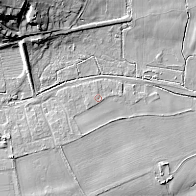 Shaded relief map of the ground around BH212BZ, computed from Environment Agency LiDAR. The ground here sits at about 18 m above sea level and falls 28 m across the surrounding 800 m. Surface water reaching this point runs off ground lying to the south-east, 0.6 m higher.