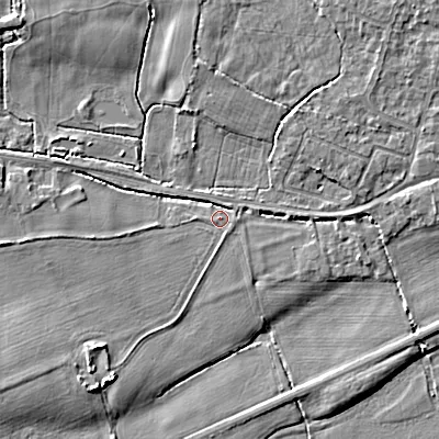 Shaded relief map of the ground around BH212DA, computed from Environment Agency LiDAR. The ground here sits at about 17 m above sea level and falls 6 m across the surrounding 800 m. Surface water reaching this point runs off ground lying to the north-north-east, 1.3 m higher.