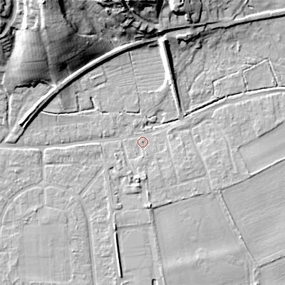 Shaded relief map of the ground around BH212DB, computed from Environment Agency LiDAR. The ground here sits at about 18 m above sea level and falls 26 m across the surrounding 800 m. Surface water reaching this point runs off ground lying to the north-north-east, 7.2 m higher.