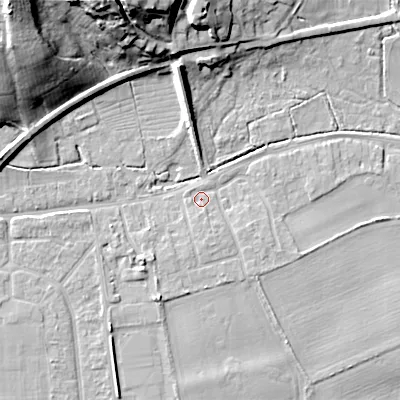Shaded relief map of the ground around BH212DD, computed from Environment Agency LiDAR. The ground here sits at about 17 m above sea level and falls 27 m across the surrounding 800 m. Surface water reaching this point runs off ground lying to the south, 2.2 m higher.