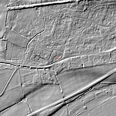 Shaded relief map of the ground around BH212DF, computed from Environment Agency LiDAR. The ground here sits at about 17 m above sea level and falls 9 m across the surrounding 800 m. Surface water reaching this point runs off ground lying to the north-north-east, 5.7 m higher.