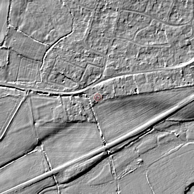 Shaded relief map of the ground around BH212DR, computed from Environment Agency LiDAR. The ground here sits at about 17 m above sea level and falls 7 m across the surrounding 800 m. Surface water reaching this point runs off ground lying to the north-north-east, 1.5 m higher.