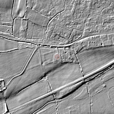 Shaded relief map of the ground around BH212DW, computed from Environment Agency LiDAR. The ground here sits at about 17 m above sea level and falls 7 m across the surrounding 800 m. The ground contributing surface water to this point lies to the east.