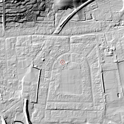 Shaded relief map of the ground around BH212EL, computed from Environment Agency LiDAR. The ground here sits at about 18 m above sea level and falls 21 m across the surrounding 800 m. Surface water reaching this point runs off ground lying to the east-south-east, 0.8 m higher.