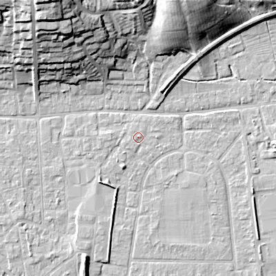 Shaded relief map of the ground around BH212EP, computed from Environment Agency LiDAR. The ground here sits at about 18 m above sea level and falls 29 m across the surrounding 800 m. Surface water reaching this point runs off ground lying to the east-north-east, 0.8 m higher.