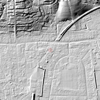 Shaded relief map of the ground around BH212ER, computed from Environment Agency LiDAR. The ground here sits at about 18 m above sea level and falls 29 m across the surrounding 800 m. Surface water reaching this point runs off ground lying to the south-west, 1.2 m higher.