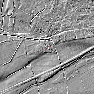 Shaded relief map of the ground around BH212EU, computed from Environment Agency LiDAR. The ground here sits at about 17 m above sea level and falls 5 m across the surrounding 800 m. Surface water reaching this point runs off ground lying to the north, 3.2 m higher.