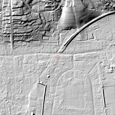 Shaded relief map of the ground around BH212EW, computed from Environment Agency LiDAR. The ground here sits at about 18 m above sea level and falls 30 m across the surrounding 800 m. Surface water reaching this point runs off ground lying to the north-west, 29.2 m higher.