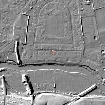 Shaded relief map of the ground around BH212FA, computed from Environment Agency LiDAR. The ground here sits at about 18 m above sea level and falls 13 m across the surrounding 800 m. Surface water reaching this point runs off ground lying to the north-west, 1.0 m higher.