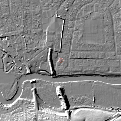 Shaded relief map of the ground around BH212FB, computed from Environment Agency LiDAR. The ground here sits at about 18 m above sea level and falls 13 m across the surrounding 800 m. Surface water reaching this point runs off ground lying to the west-south-west, 6.3 m higher.