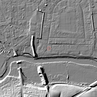 Shaded relief map of the ground around BH212FE, computed from Environment Agency LiDAR. The ground here sits at about 18 m above sea level and falls 15 m across the surrounding 800 m. Surface water reaching this point runs off ground lying to the east-north-east, 1.7 m higher.