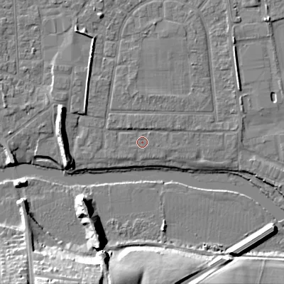 Shaded relief map of the ground around BH212FF, computed from Environment Agency LiDAR. The ground here sits at about 18 m above sea level and falls 15 m across the surrounding 800 m. Surface water reaching this point runs off ground lying to the north-east, 0.5 m higher.