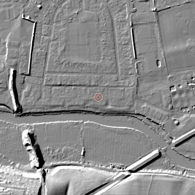 Shaded relief map of the ground around BH212FG, computed from Environment Agency LiDAR. The ground here sits at about 18 m above sea level and falls 16 m across the surrounding 800 m. Surface water reaching this point runs off ground lying to the west-north-west, 1.0 m higher.