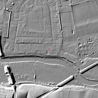 Shaded relief map of the ground around BH212FJ, computed from Environment Agency LiDAR. The ground here sits at about 18 m above sea level and falls 16 m across the surrounding 800 m. Surface water reaching this point runs off ground lying to the west-north-west, 1.8 m higher.